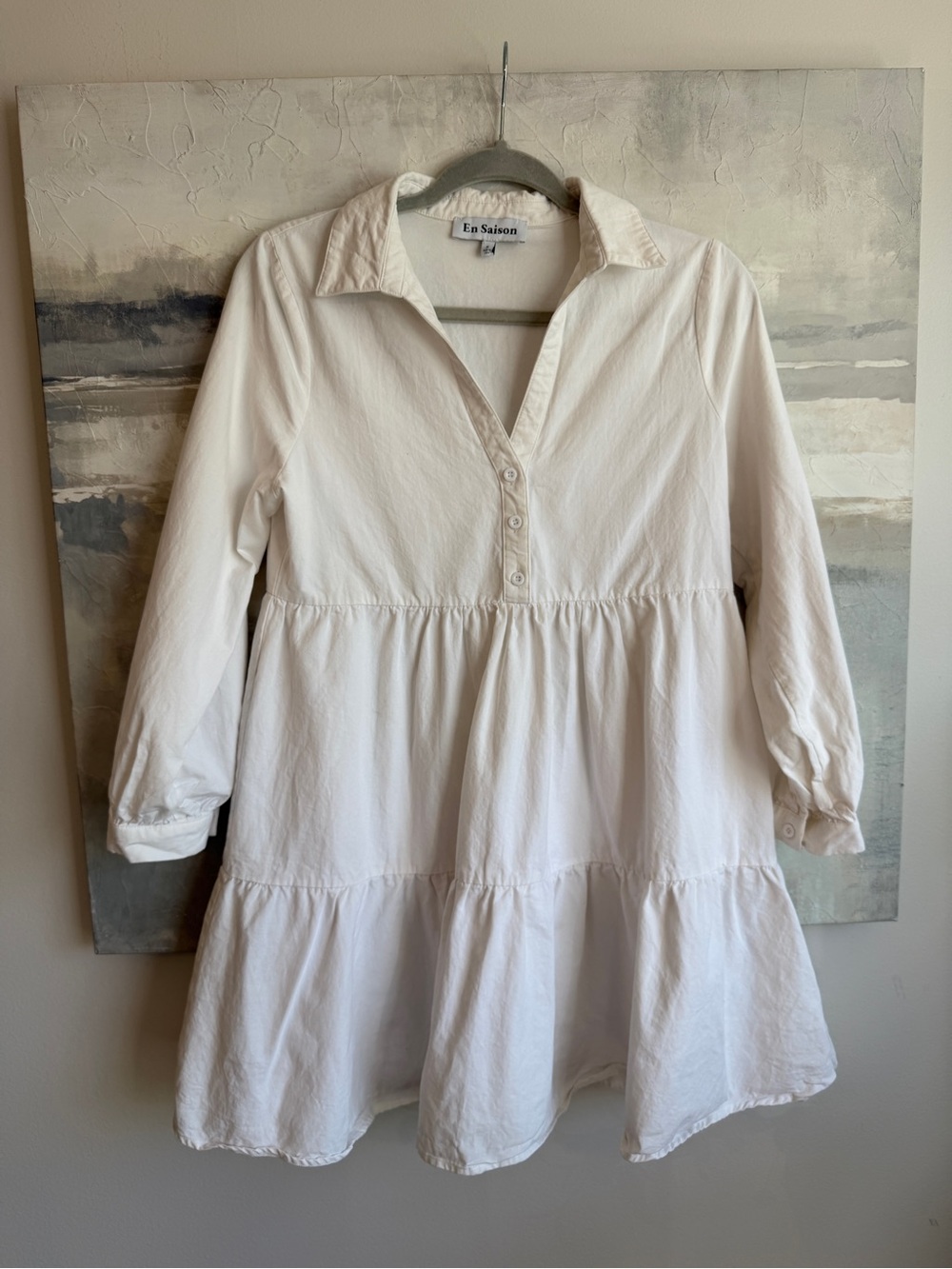 En Saison White 100% Thick Cotton Tiered Mini Shirt Dress Long Sleeve Size S